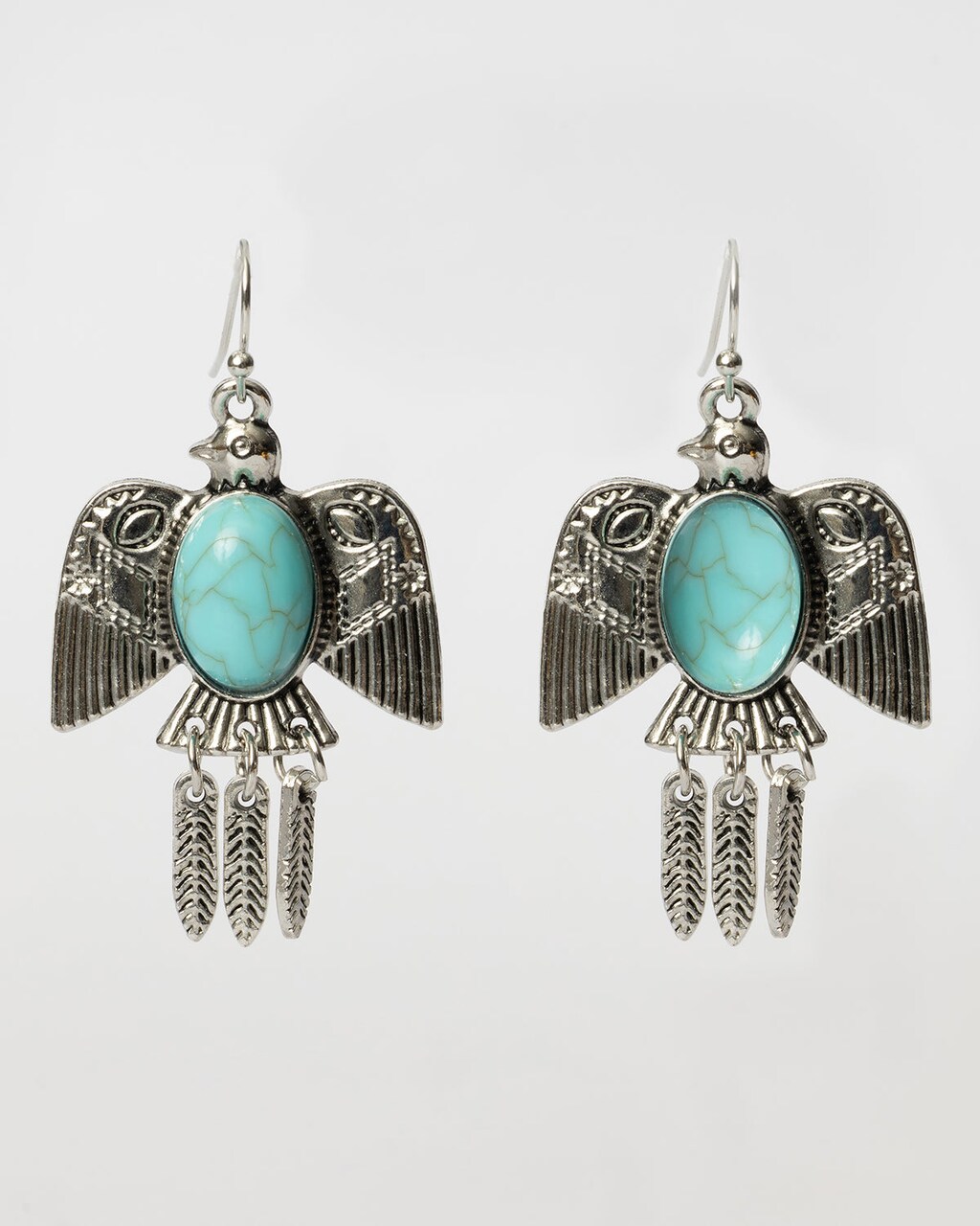Silver & Turquoise Stone Thunderbird Fringe Earrings Coastal Cowgirl